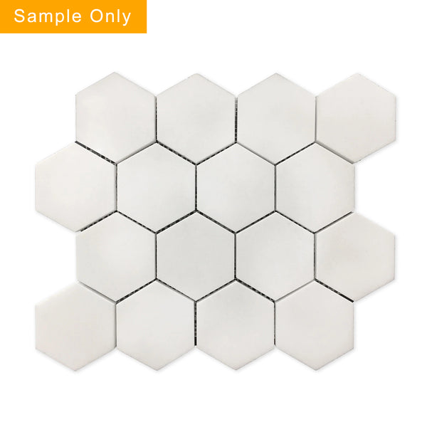 3" Thassos White Hexagon Polished Marble Mosaic Floor and Wall Tile - Sample (Product Shown is Full Size)