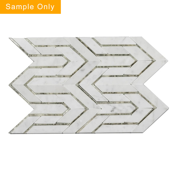Arrows-Carrara White with Antique Mirror Accents Polished Waterjet Mosaic Floor and Wall Tile - Sample (Product Shown is Full Size)