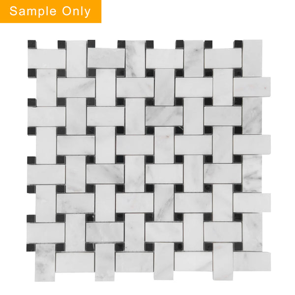Oriental White + Pure Black Polished Basketweave Marble Mosaic Floor and Wall Tile - Sample (Product Shown is Full Size)