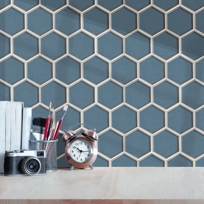 3-in Hexagon Dark Blue Glass with Silver Edge 11-in x 9-in Glass Mosaic Wall Tile( 7 sq. ft. /Box )