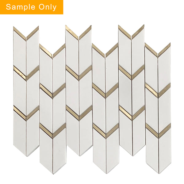 Dolomite White Marble with Arrow Gold Brass Accent Waterjet Mosaic Floor and Wall Tile - Sample (Product Shown is Full Size)