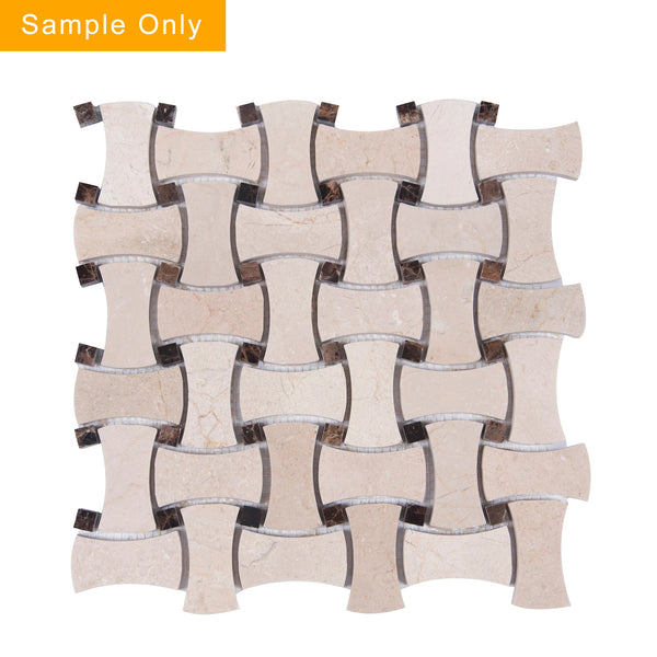 Cream Marfil+Emperador Bone Basketweave Polished Marble Mosaic Floor and Wall Tile - Sample (Product Shown is Full Size)