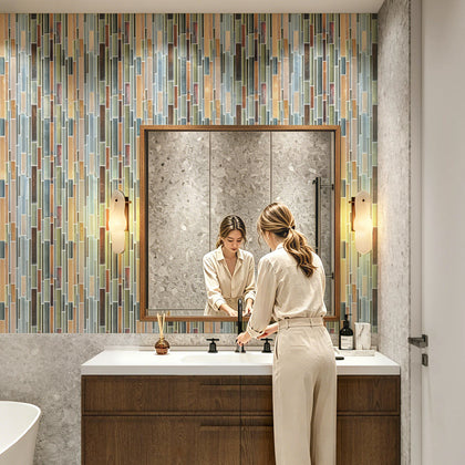 Ambergris Reed Mixed Media Random Strips 12-in x 12-in Glass Mosaic Wall Tile( 10 sq. ft. /Box )