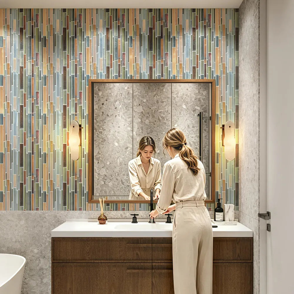 Ambergris Reed Mixed Media Random Strips 12-in x 12-in Glass Mosaic Wall Tile( 10 sq. ft. /Box )