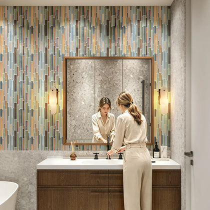 Ambergris Reed Mixed Media Random Strips 12-in x 12-in Glass Mosaic Wall Tile( 10 sq. ft. /Box )