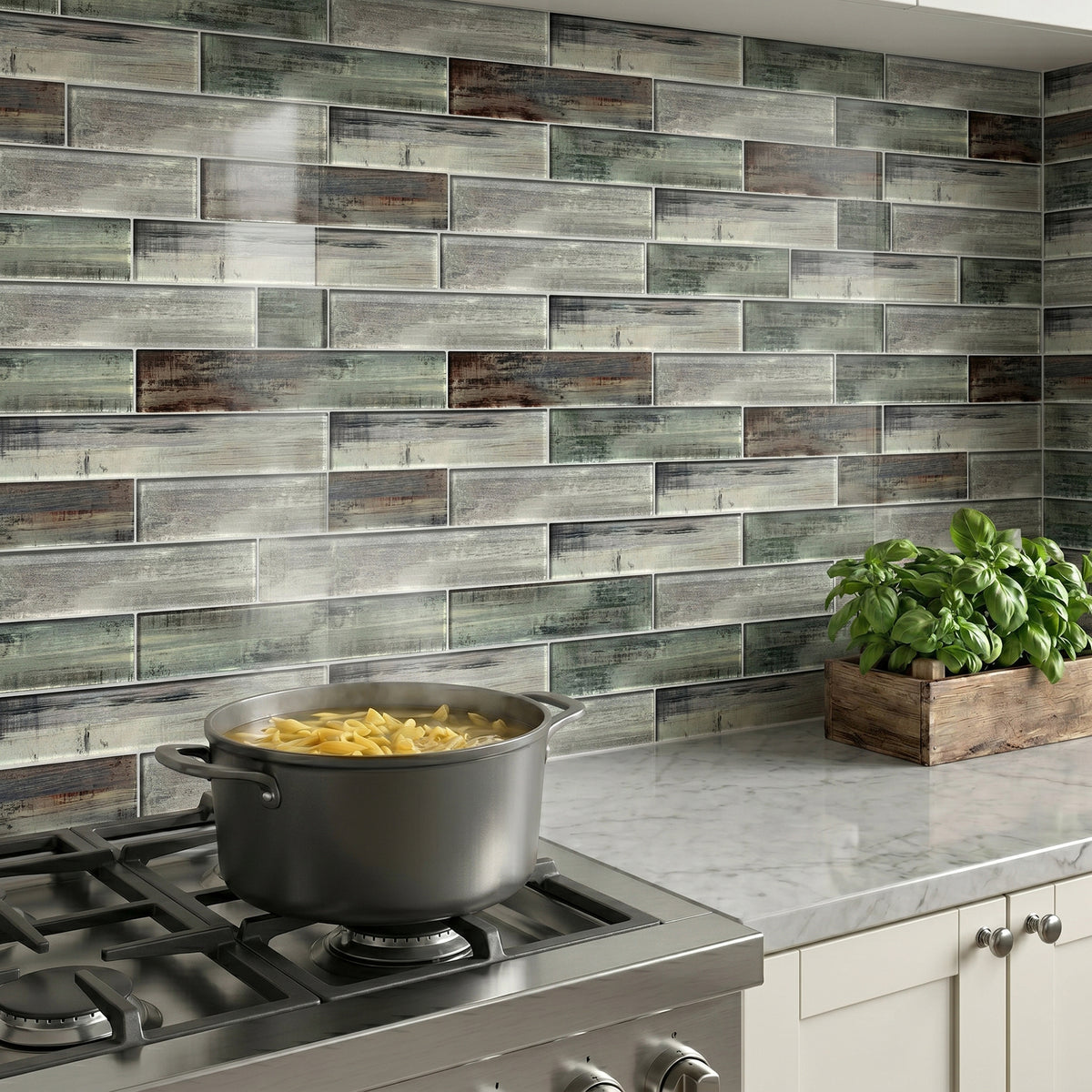 Blue & Gray Wood Grain 3-in x 12-in 3D Glass Tile( 5 sq. ft. /Box )
