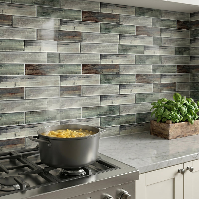 Blue & Gray Wood Grain 3-in x 12-in 3D Glass Tile( 5 sq. ft. /Box )