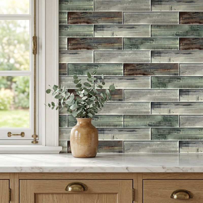 Blue & Gray Wood Grain 3-in x 12-in 3D Glass Tile( 5 sq. ft. /Box )