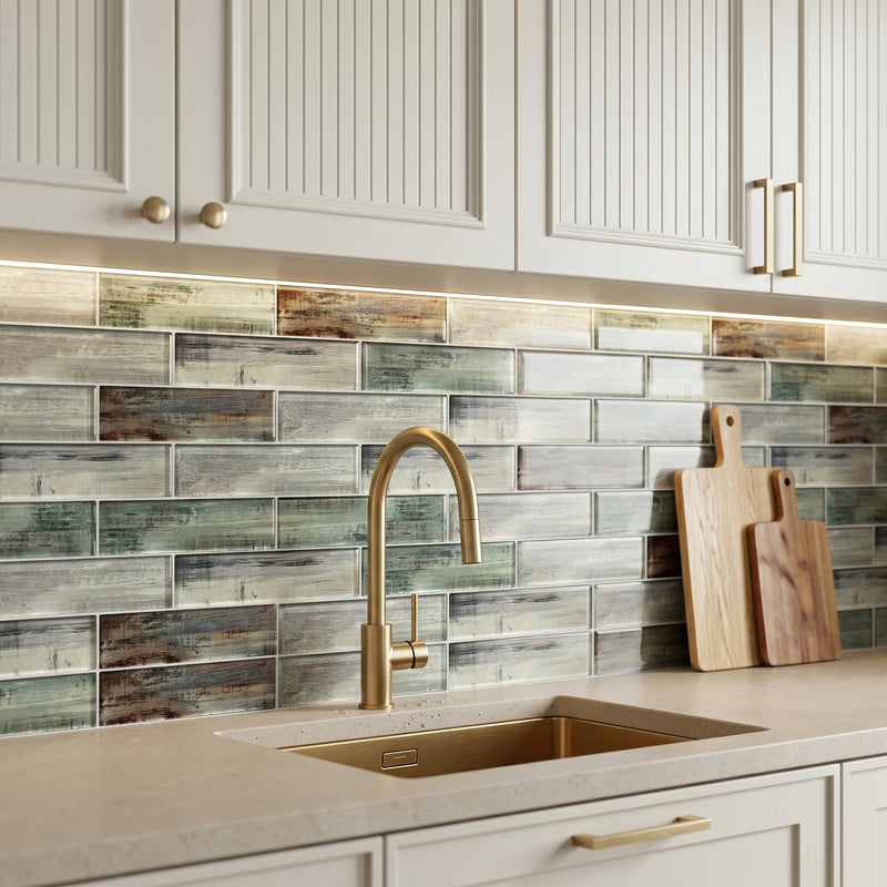 Blue & Gray Wood Grain 3-in x 12-in 3D Glass Tile( 5 sq. ft. /Box )