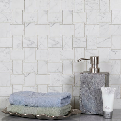 Calacatta Basketweave 11-in x 11-in Polished Mosaic Floor and Wall Tile( 4.2 sq. ft. /Box )