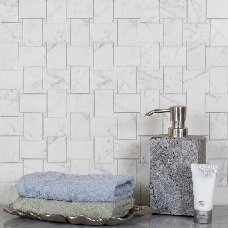 Calacatta Basketweave 11-in x 11-in Polished Mosaic Floor and Wall Tile( 4.2 sq. ft. /Box )