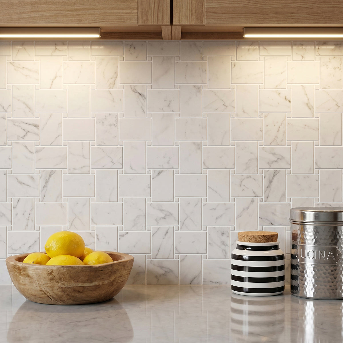 Calacatta Basketweave 11-in x 11-in Polished Mosaic Floor and Wall Tile( 4.2 sq. ft. /Box )