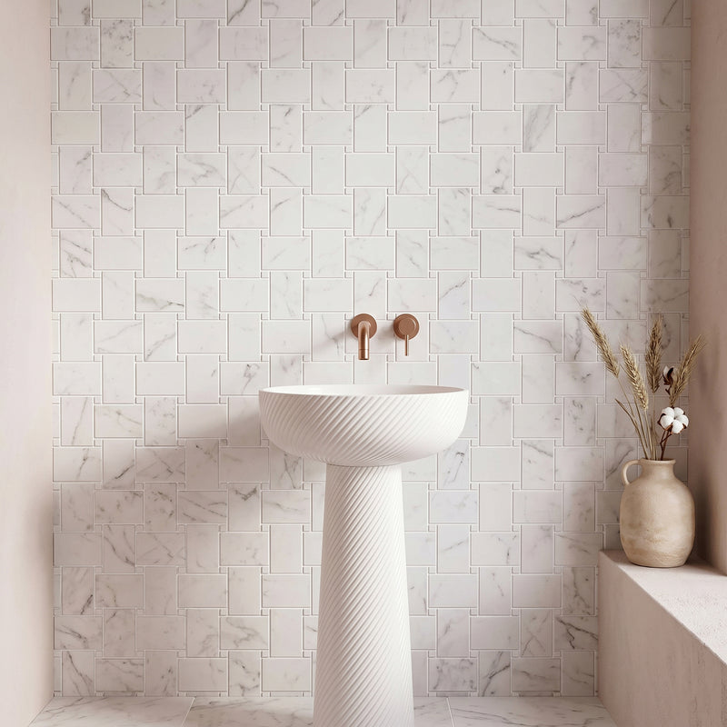 Calacatta Basketweave 11-in x 11-in Polished Mosaic Floor and Wall Tile( 4.2 sq. ft. /Box )