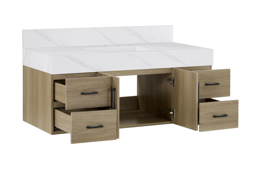 dark oak bathroom vanity with sintered stone top featuring multiple storage drawers and modern design.
