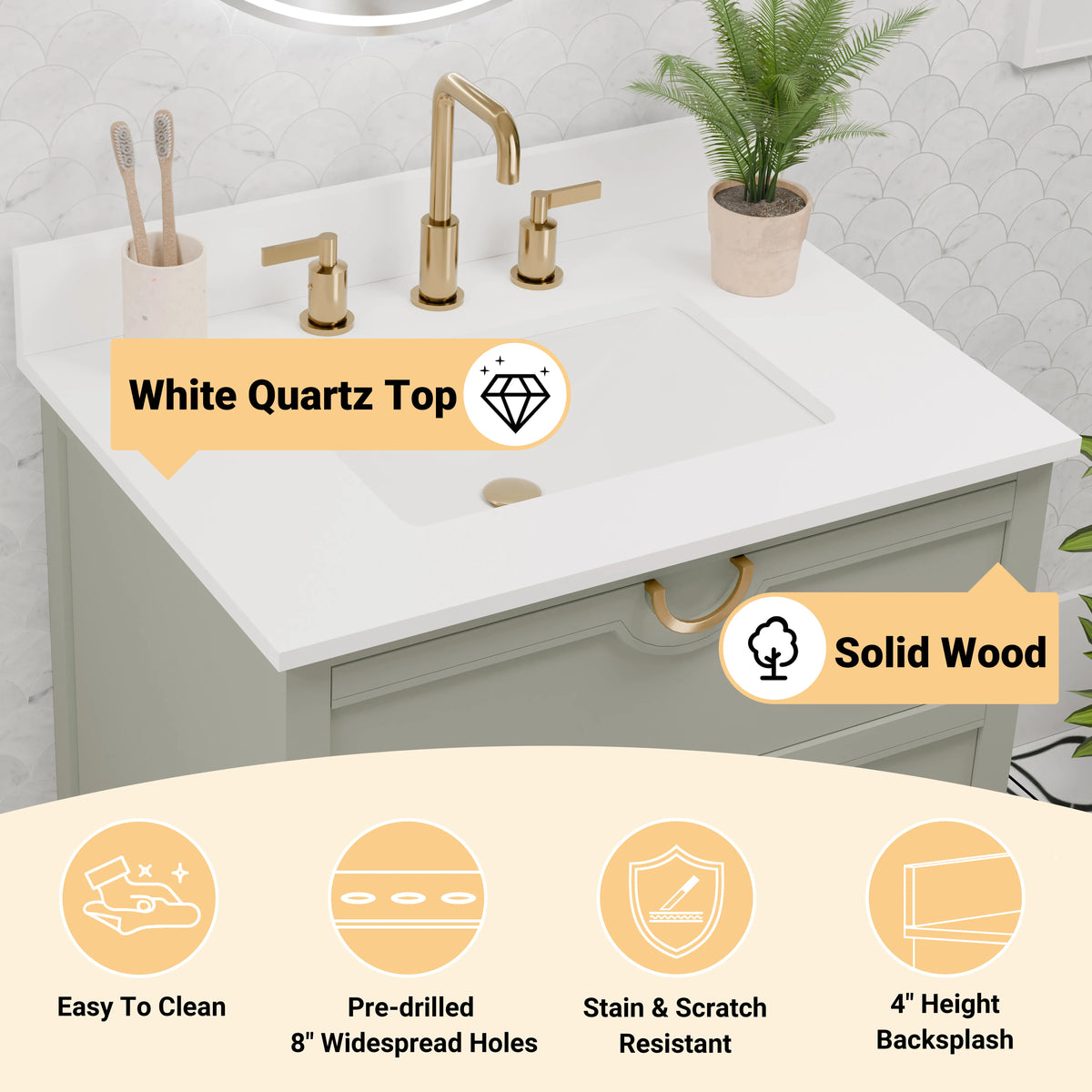 Yulan 30" Single Vanity With Pure White Quartz Top