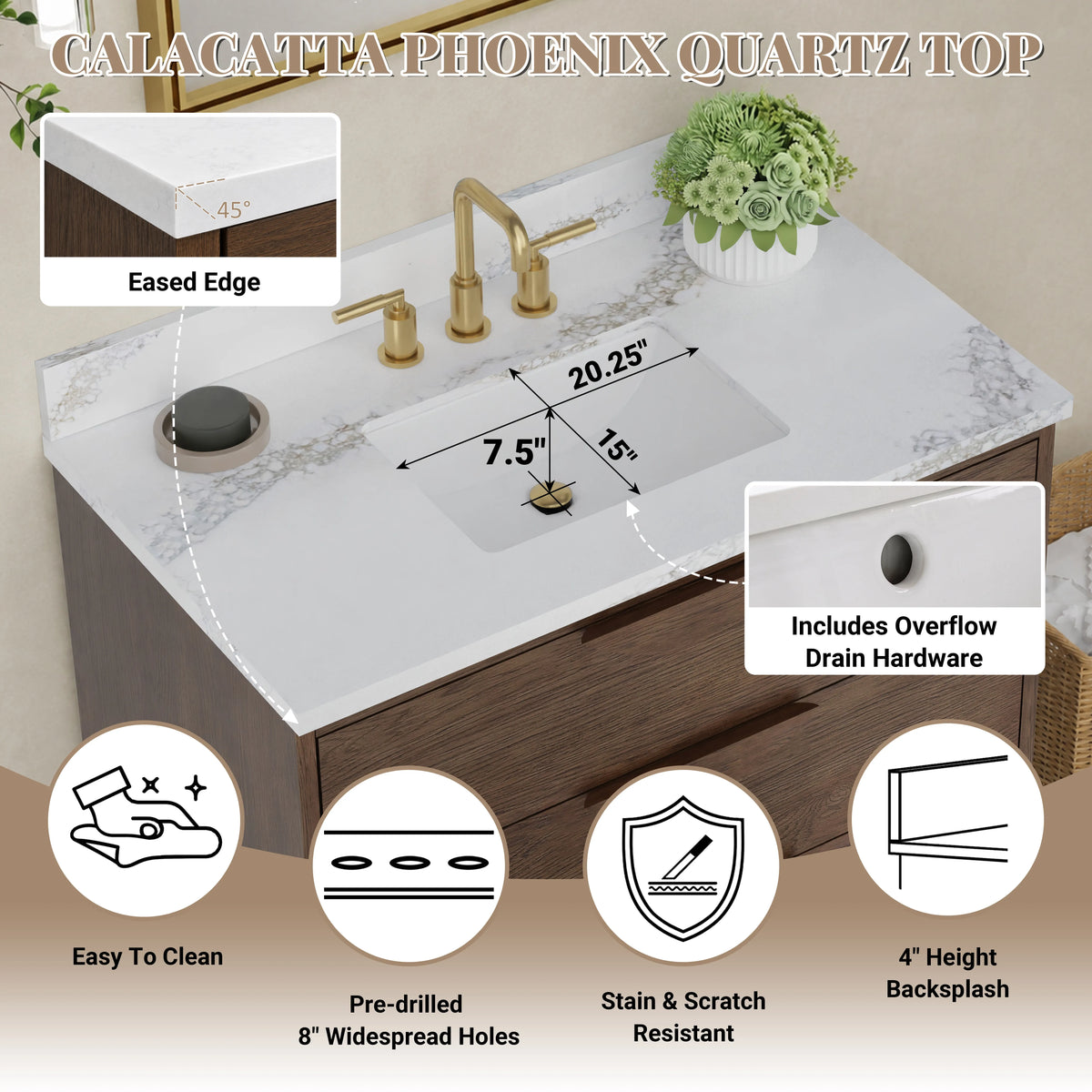 Edmond36" Vanity Set with thickness Laminted eased edge Calacatta Phoenix Quartz top  - Natural Teak