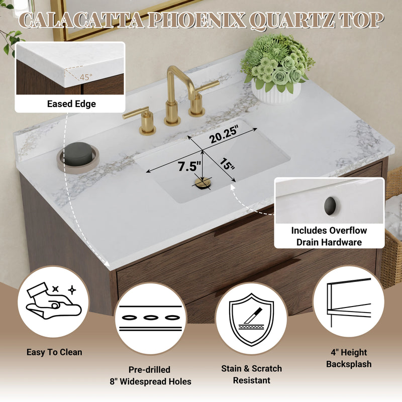 Edmond36" Vanity Set with thickness Laminted eased edge Calacatta Phoenix Quartz top  - Natural Teak