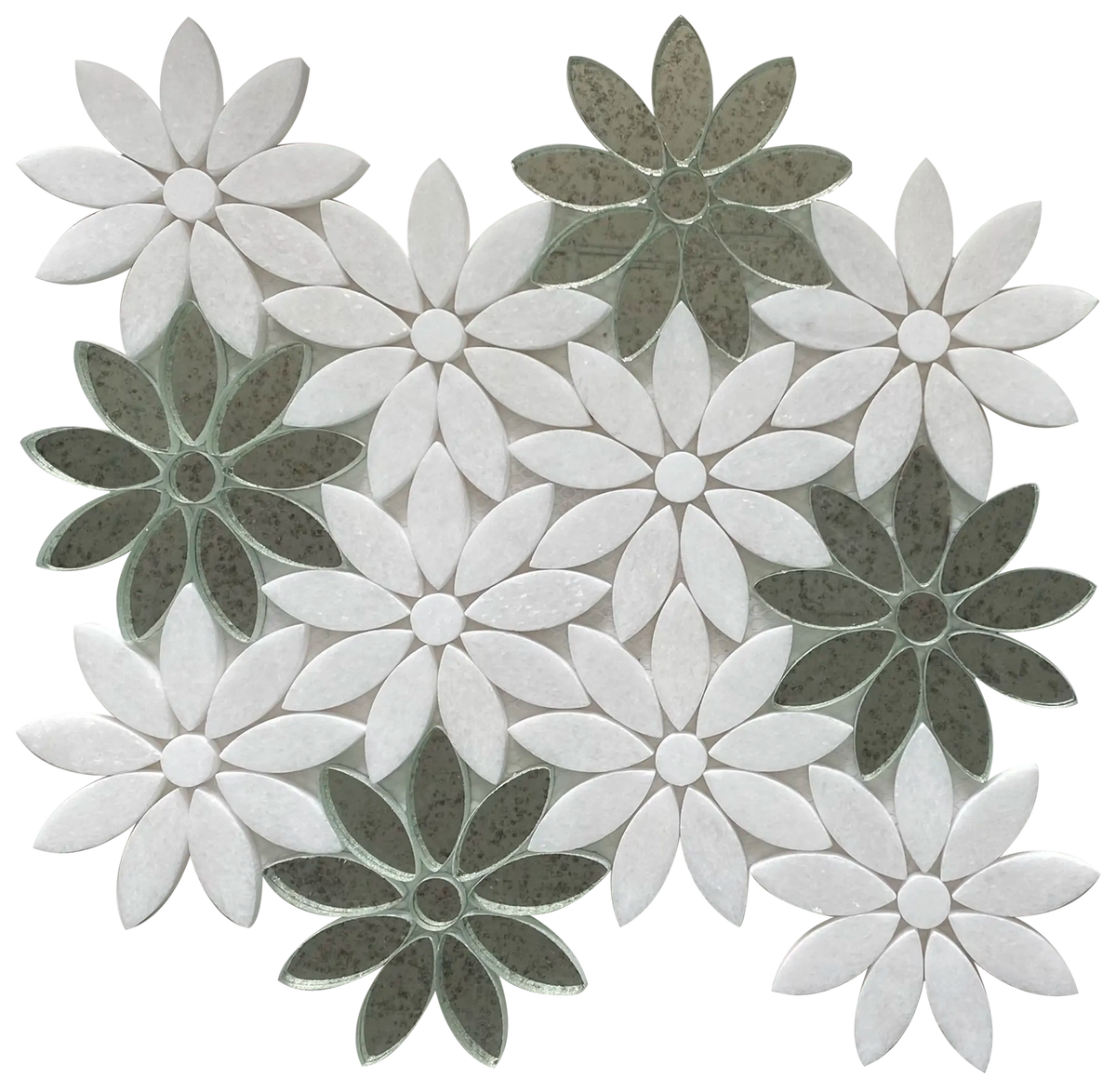 Single 9x11 inch Interlocking Floral Waterjet Mosaic Tile with Thassos & Antique Mirror – intricate floral pattern with polished white and mirrored accents.