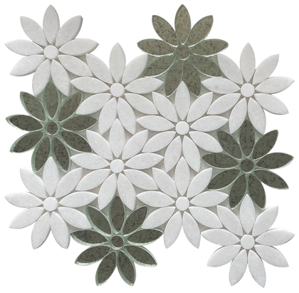 Single 9x11 inch Interlocking Floral Waterjet Mosaic Tile with Thassos & Antique Mirror – intricate floral pattern with polished white and mirrored accents.