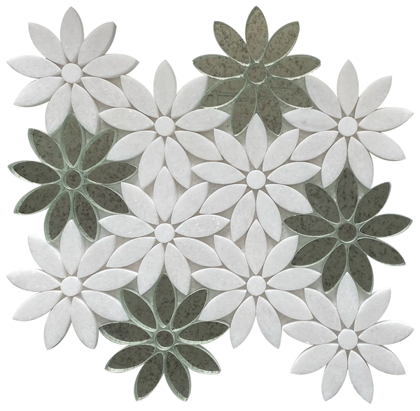 Single 9x11 inch Interlocking Floral Waterjet Mosaic Tile with Thassos & Antique Mirror – intricate floral pattern with polished white and mirrored accents.