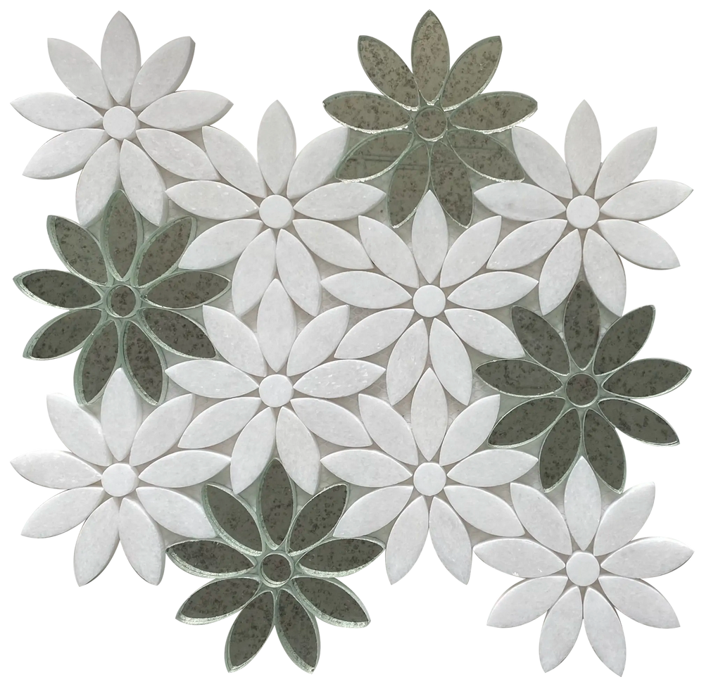 Interlocking Floral with Thassos & Antique Mirror 9-in x 11-in Waterjet Mosaic Floor and Wall Tile( 6.88 sq. ft. /Box )