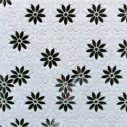 Display board featuring Interlocking Floral Waterjet Mosaic Tile with Thassos & Antique Mirror – elegant 9x11 inch mosaic layout.