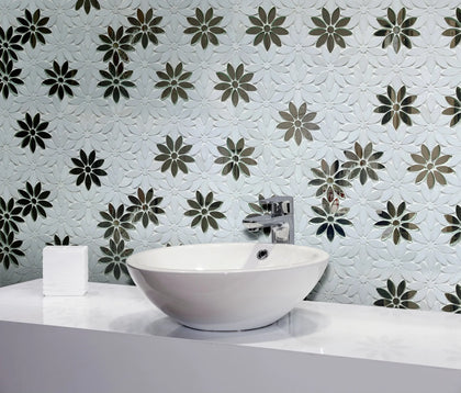 Interlocking Floral with Thassos & Antique Mirror 9-in x 11-in Waterjet Mosaic Floor and Wall Tile( 6.88 sq. ft. /Box )