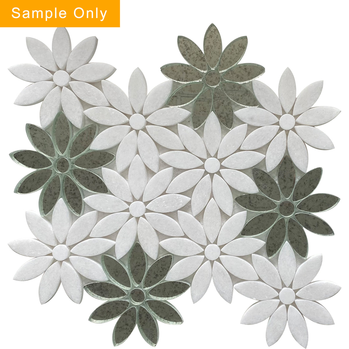 Interlocking Floral with Thassos & Antique Mirror Waterjet Mosaic Floor and Wall Tile - Sample (Product Shown is Full Size)
