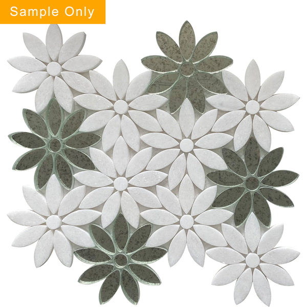 Interlocking Floral with Thassos & Antique Mirror Waterjet Mosaic Floor and Wall Tile - Sample (Product Shown is Full Size)