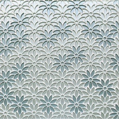 Display board showing Blue and Taupe Glass Flower Mosaic Tiles – seamless floral layout for wall applications