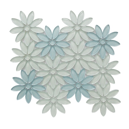 Single piece of 9x11 inch Blue and Taupe Glass Flower Mosaic Wall Tile – floral glass design