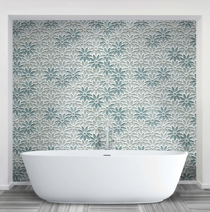 Blue & Taupe 9-in x 11-in Glass Flower Mosaic Wall Tile( 6.9 sq. ft. /Box )