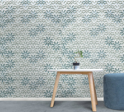 Wall decorated with Blue & Taupe Glass Flower Mosaic Tiles – elegant floral tile for bathrooms or backsplashes