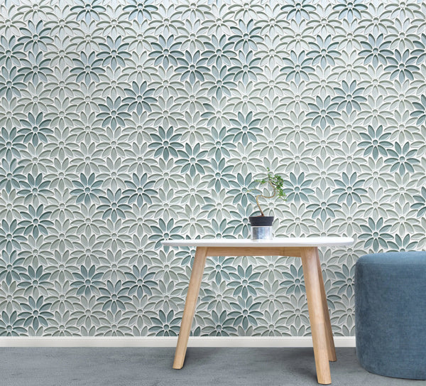 Wall decorated with Blue & Taupe Glass Flower Mosaic Tiles – elegant floral tile for bathrooms or backsplashes
