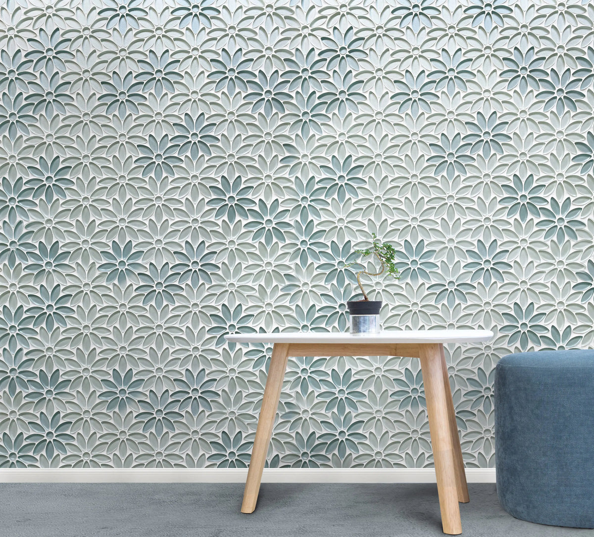 Blue & Taupe 9-in x 11-in Glass Flower Mosaic Wall Tile( 6.9 sq. ft. /Box )