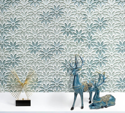 Blue & Taupe 9-in x 11-in Glass Flower Mosaic Wall Tile( 7 sq. ft. /Box )