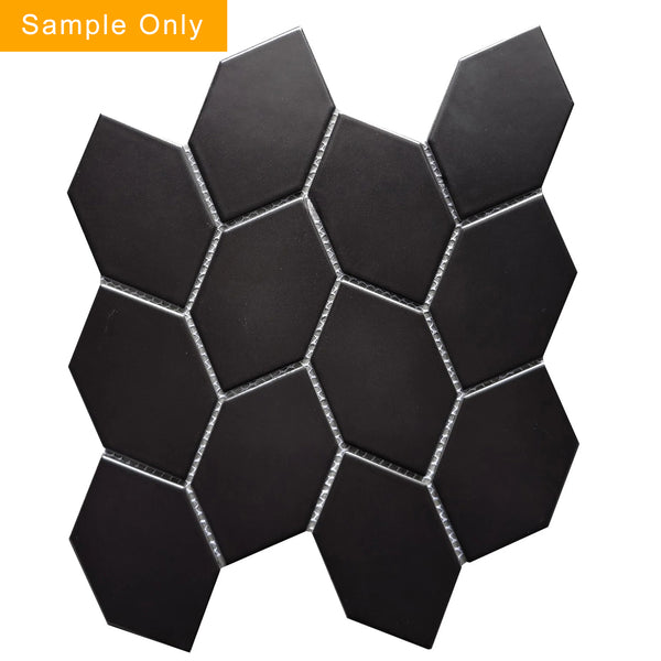Black Interlocking Stretched Hexagon Leaf Pattern Porcelain Mosaic Floor and Wall Tile - Sample (Product Shown is Full Size)