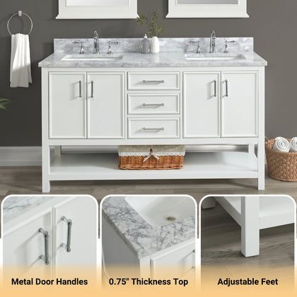 Premium Manhattan 60 inch double vanity with marble top, featuring sleek Chrome or Brushed Gold handles and adjustable leveling feet for secure placement.