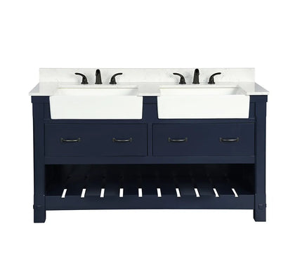 Farmington navy blue 60" Open Shelf Vanity Set with Premium Carrara Marble Top