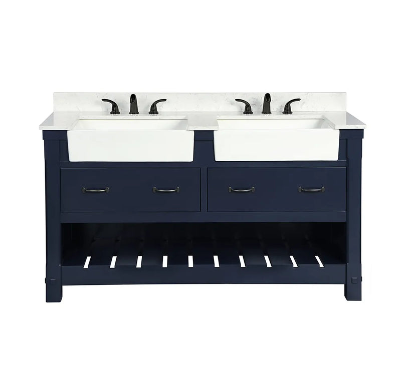 Farmington navy blue 60" Open Shelf Vanity Set with Premium Carrara Marble Top