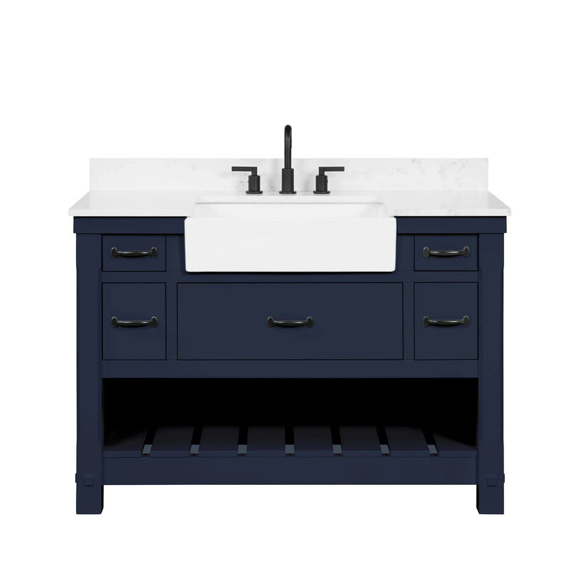 Farmington navy blue 48" Open Shelf Vanity Set with Premium Carrara Marble Top