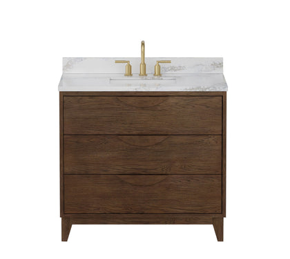 Edmond 36" Vanity Set with Laminated Eased Edge, Calacatta Phoenix Quartz Top in Natural Teak