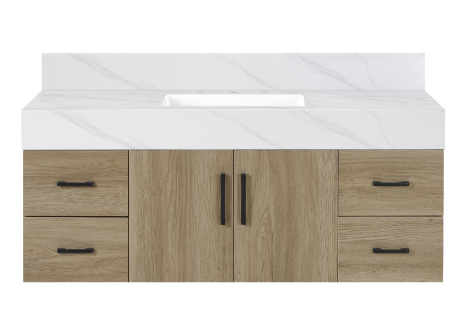 dark oak bathroom vanity with sintered stone top showcasing modern design and intelligent storage.
