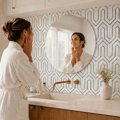 Arrows-Carrara White with Antique Mirror Accents 12-in x 9-in Polished Waterjet Mosaic Floor and Wall Tile( 3.55 sq. ft. /Box )