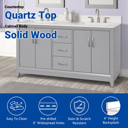 30 inch gray bathroom vanity with white quartz top featuring solid wood cabinet and quartz countertop.
