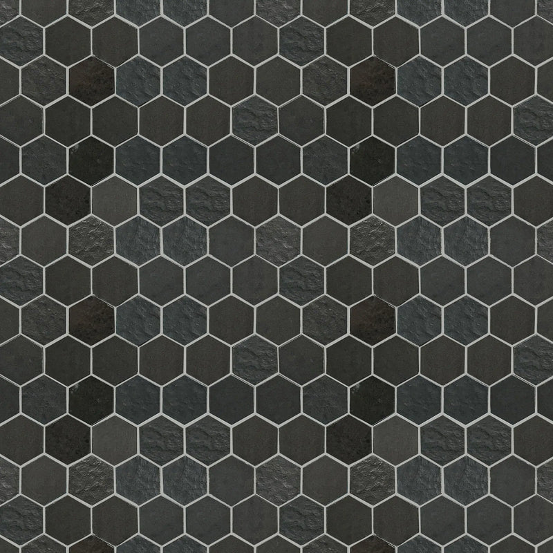 Display board featuring Ancient Sky 2" Hexagon Mosaic Tiles – arranged to show tile pattern and texture