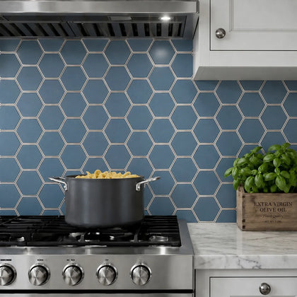 3-in Hexagon Dark Blue Glass with Silver Edge 11-in x 9-in Glass Mosaic Wall Tile( 7 sq. ft. /Box )