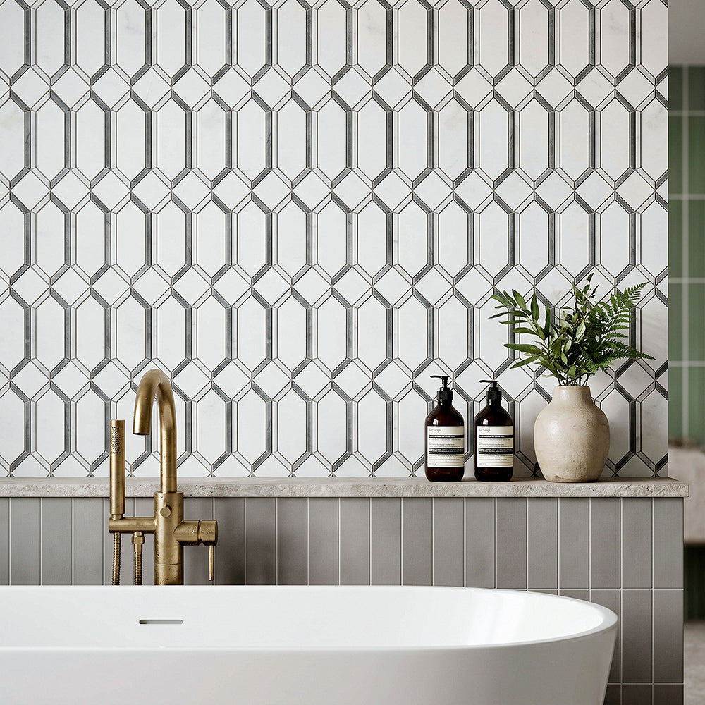 15-in x 12-in Elongated Hexagon Diamond White & Gray  Marble Mosaic  Wall Tile( 6.25 sq. ft. /Box )