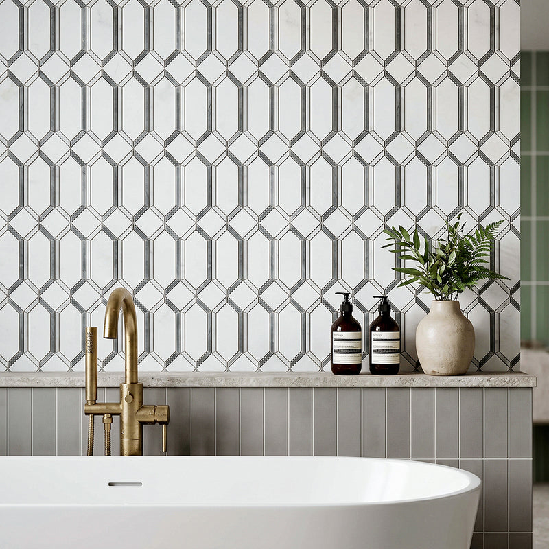 15-in x 12-in Elongated Hexagon Diamond White & Gray  Marble Mosaic  Wall Tile( 6.25 sq. ft. /Box )