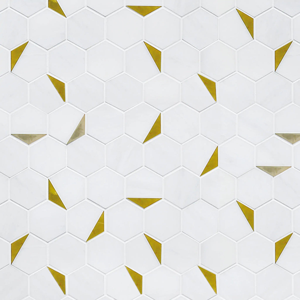 Sample display board of Royal White Hexagon with Gold Accents Mosaic Tile – elegant polished marble layout for showroom